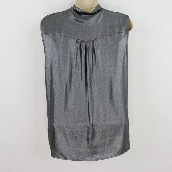 Calvin Klein Womens Large Metallic Silver Gray Sleeveless Neck Tie Shirt Blouse - Picture 4 of 8